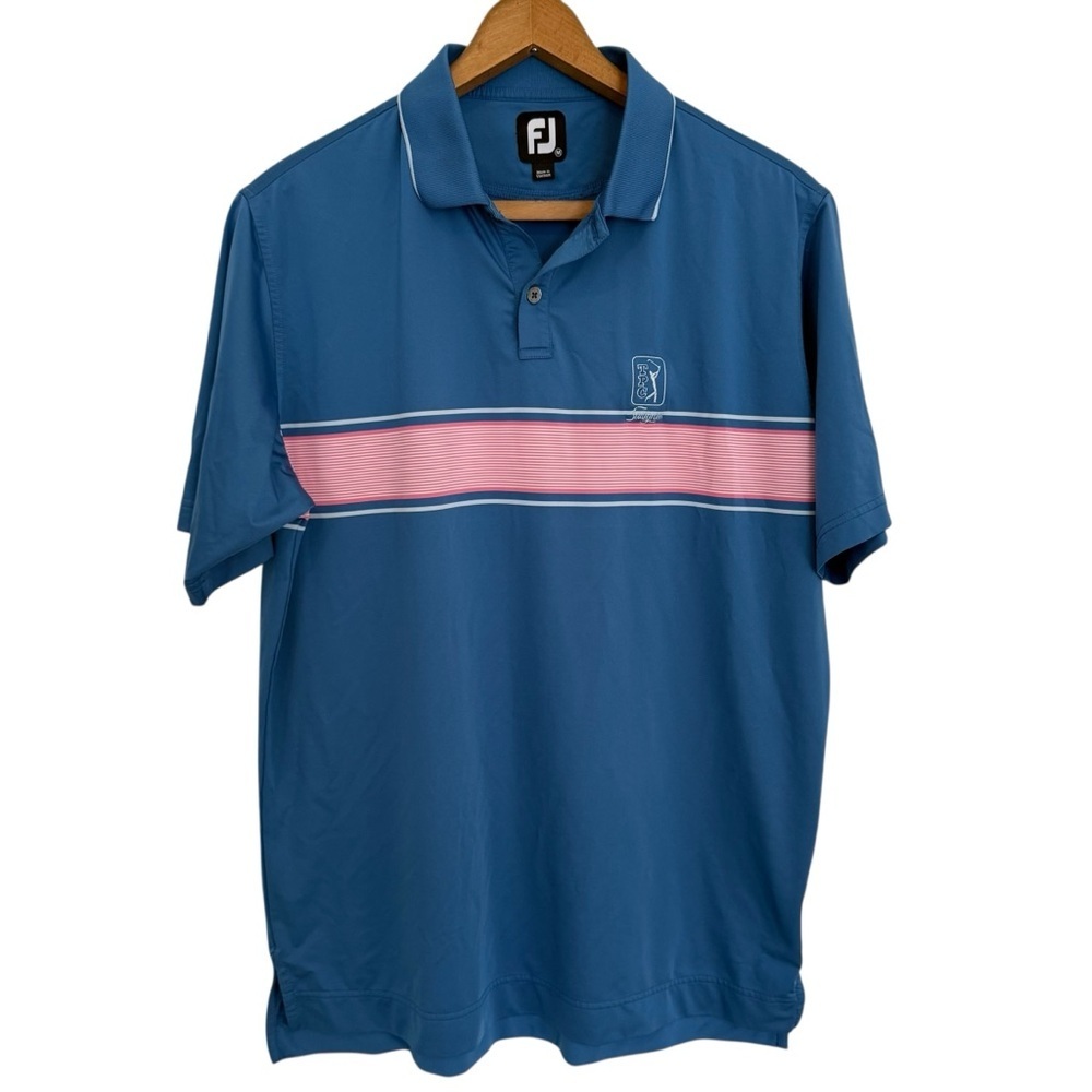 FJ Footjoy TPC Sawgrass Performance Polo Shirt Size M Blue, Pink Stripe